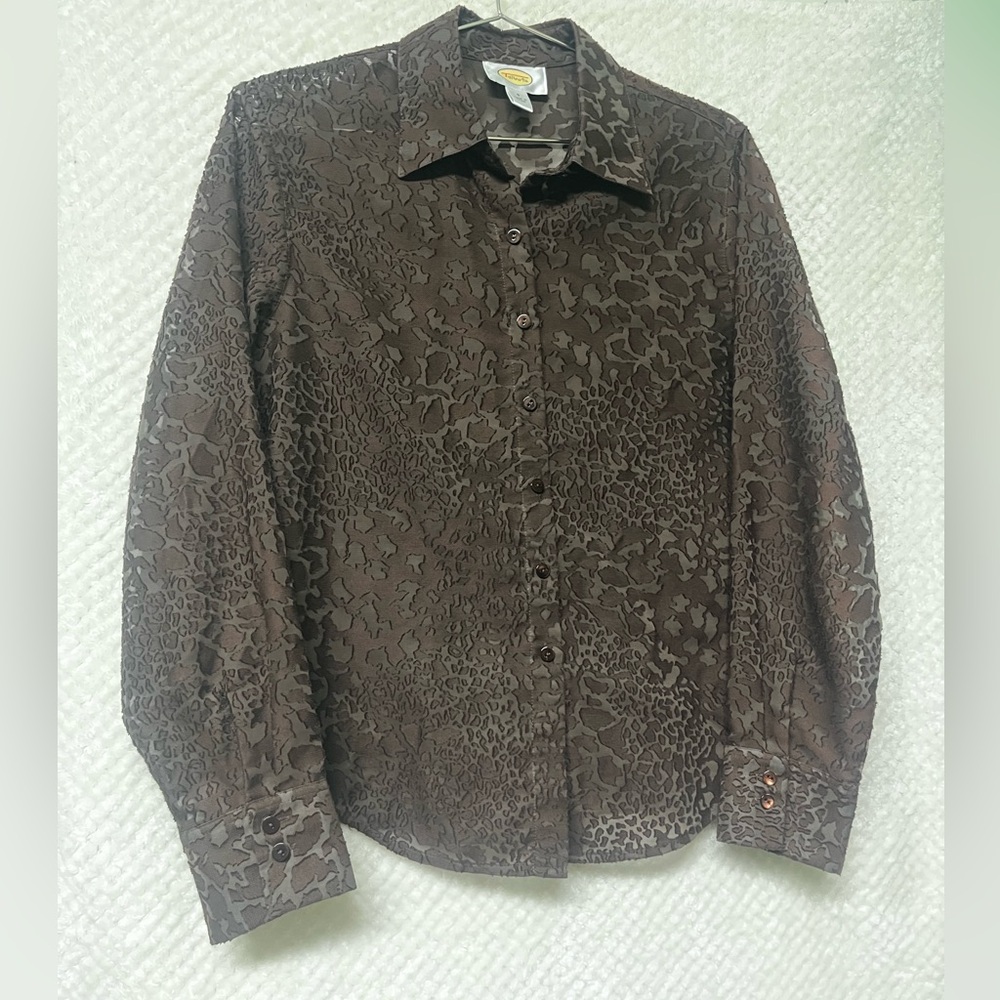 Talbots Brown Textured Animal Print Button-Up Blouse Collared Shirt Size 8